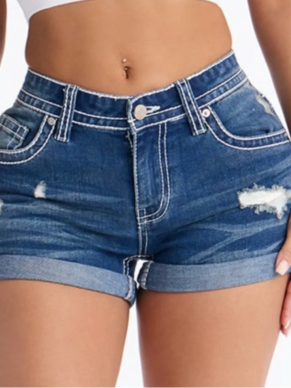 Fashion Nova Distressed Dark Blue Rolled Hem Denim Shorts